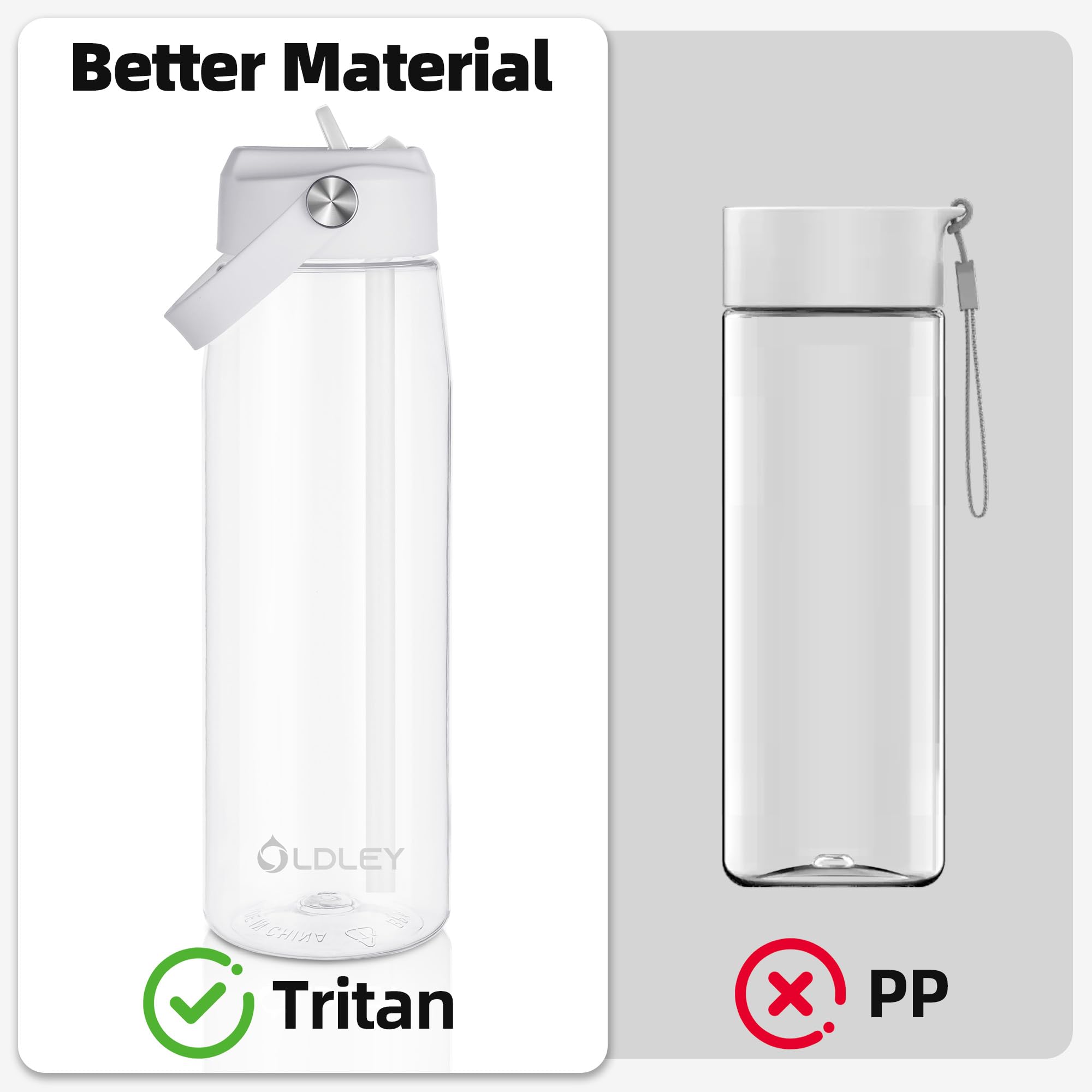 OLDLEY 32 oz Water Bottle with Straw, Leakproof Sports Water Bottle with Carry Strap, BPA-Free Large Water Bottles for Home,Travel, School, Outdoors, Gym, Tritan,Transparent