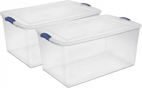 Heavy Duty Storage Bins - 2 Pack 105 Quart Clear Plastic with Lids & Blue Latches | Ideal for Home & Garage