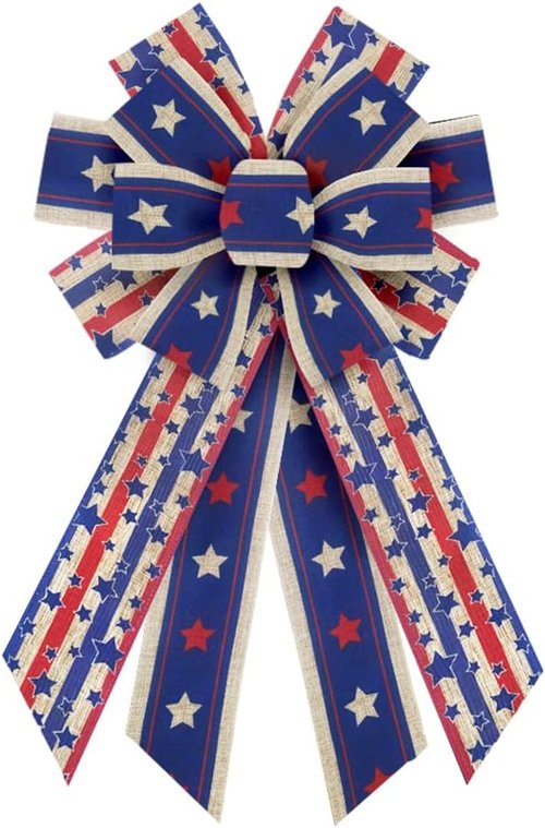Large Patriotic Wreath Bow - American Flag Burlap Design for 4th of July & Labor Day Decor