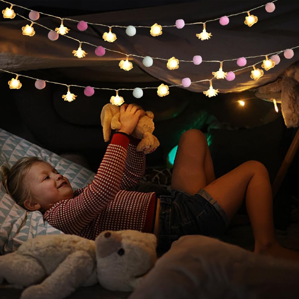 ChiRee 9.85Ft String Lights 20 Cute Pink Pompoms 20 LEDs Rose Fairy Lights Garland Battey Operated with Timer Flower Lights for Bedroom Kids Room Party Birthday Wedding Valentines Decorations