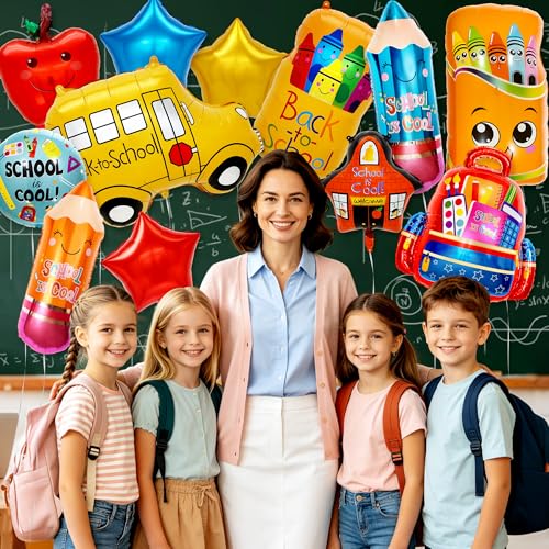 24Pcs Back to School Balloon Set - Foil School Bus, Apple & Pencil Decor
