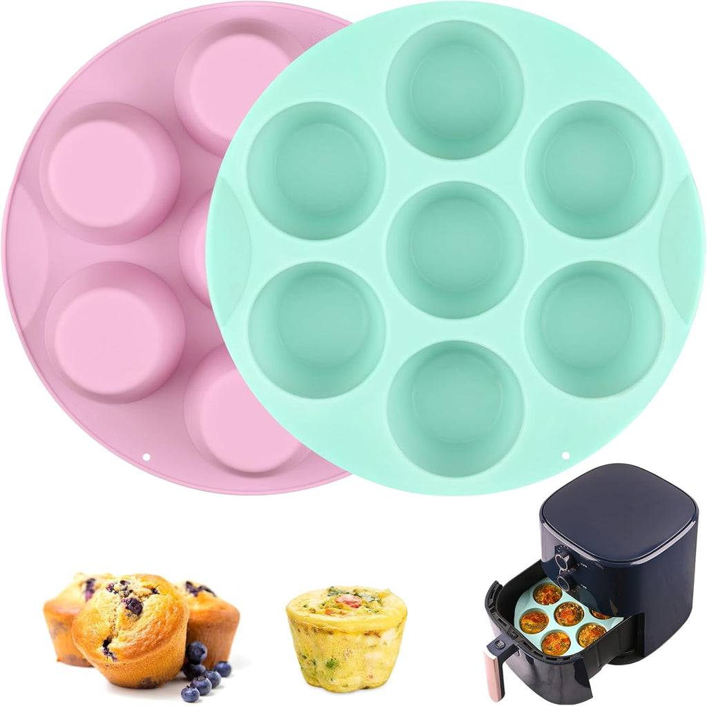 Sakolla Silicone Egg Bite Molds - Nonstick 7-Cup Air Fryer Muffin Pan for Baking Mini Muffins & Quiche | Pink & Green