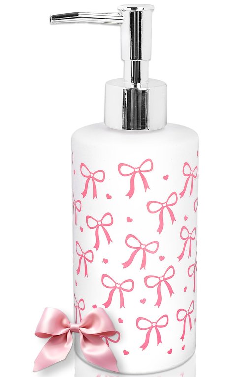FYSUIMU Pink Bow Soap Dispenser Coquette Bow Knot Mini Heart Glass Soap Dispenser with Pump Refillable Liquid Soap Container for Bathroom Kitchen Countertop Decor