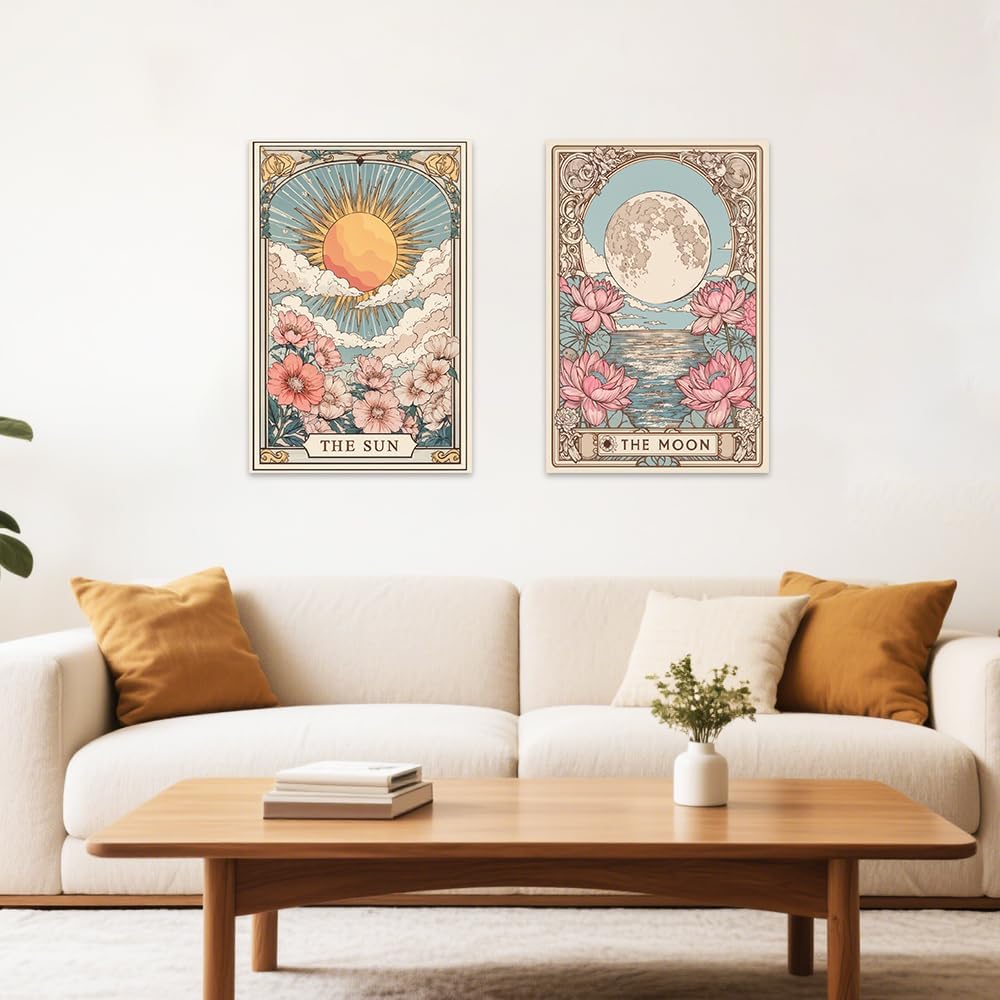 SWQYLB Celestial Sun Moon Wall Art Set - Floral Canvas Prints for Witchy Bedroom Decor (12"x16")