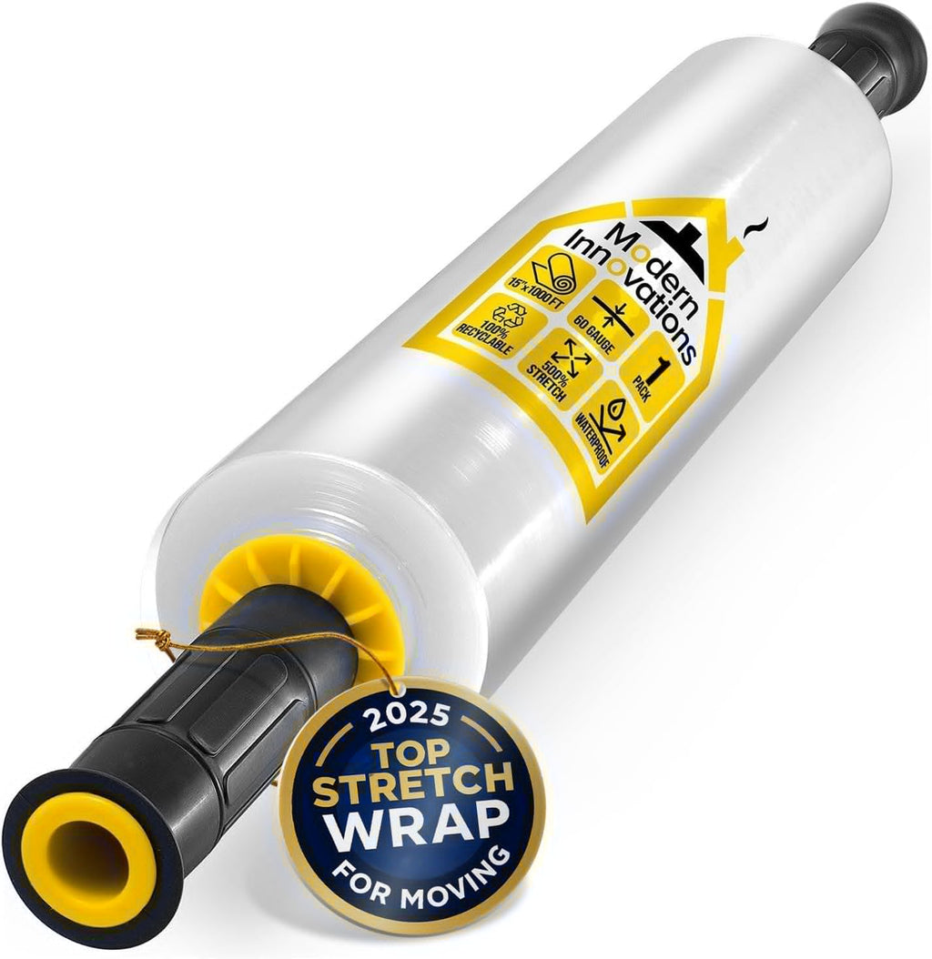 Modern Innovations 15-Inch Heavy-Duty Clear Stretch Wrap Roll - 1000 Feet with Handles for Moving & Packing