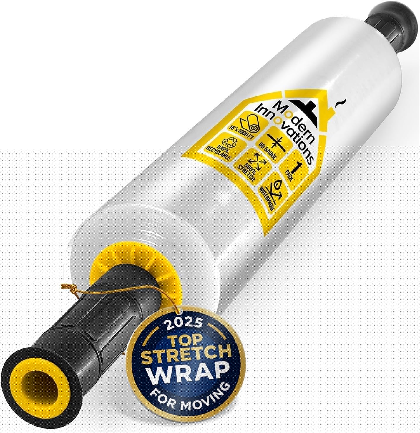 Modern Innovations 15-Inch Heavy-Duty Clear Stretch Wrap Roll - 1000 Feet with Handles for Moving & Packing