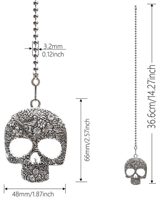 Hyamass 12 Inch Ceiling Fan Pull Chain with Vintage Skull Charm - Fan Pull Chain Extension, Pull Chains for Ceiling Fans and Lights with Connector(Silver)