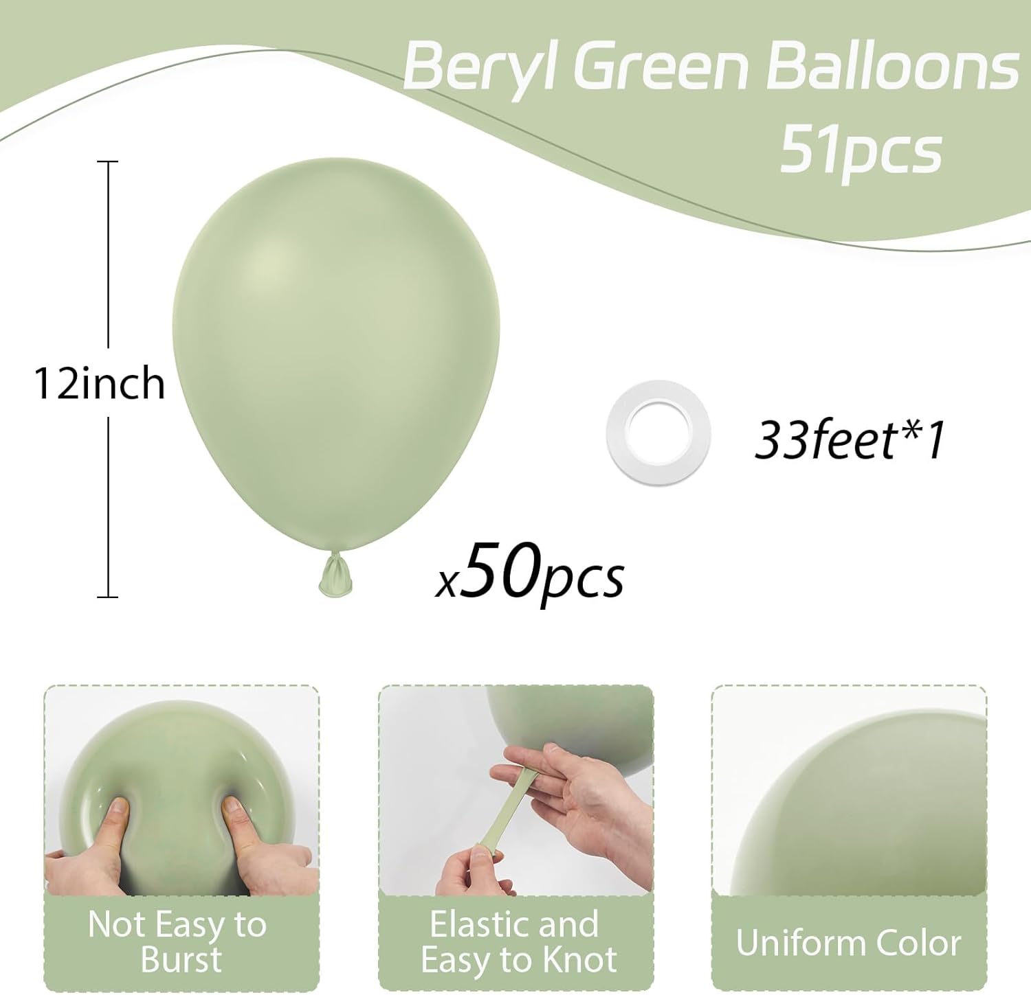 Sage Green Balloons - 12 Inch Dusty Green Party Balloons | 50pcs for Weddings & Celebrations