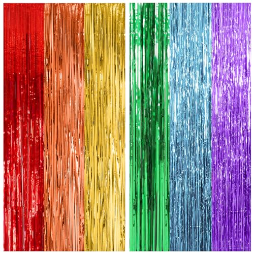 Rainbow Foil Fringe Curtains - 2 Pack Metallic Tinsel Party Backdrop