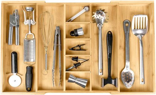 KitchenEdge Adjustable Bamboo Drawer Organizer - Expandable Utensil Storage with 9 Compartments, 28 Inches Wide