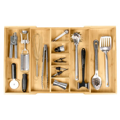 KitchenEdge Adjustable Bamboo Kitchen Drawer Organizer for Utensils and Junk, Expandable to 28 inches Wide, 9 Compartments