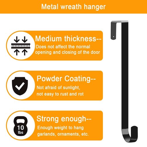 15" Christmas Wreath Hangers for Front Door, 2 Pack Over The Door Wreath Hanger Hooks for Hanging Christmas Thanksgiving Easter Fall Spring Decoration, Door Hangers Suitable for Various Doors (Black)