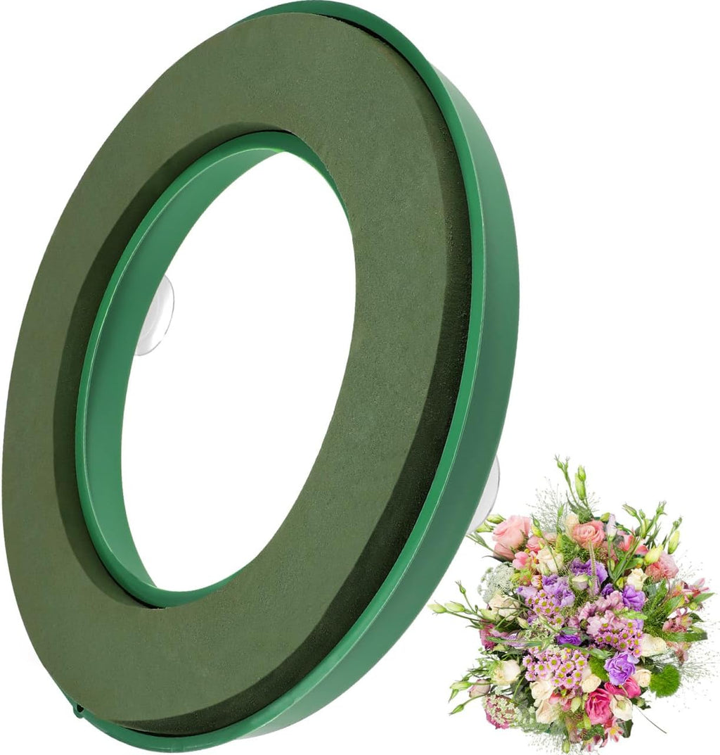 Regine Switzerland Floral Foam Ring - 11.2 Inch Wet Flower Base with 4 Suction Cups for Arrangements | Green Mud Tray