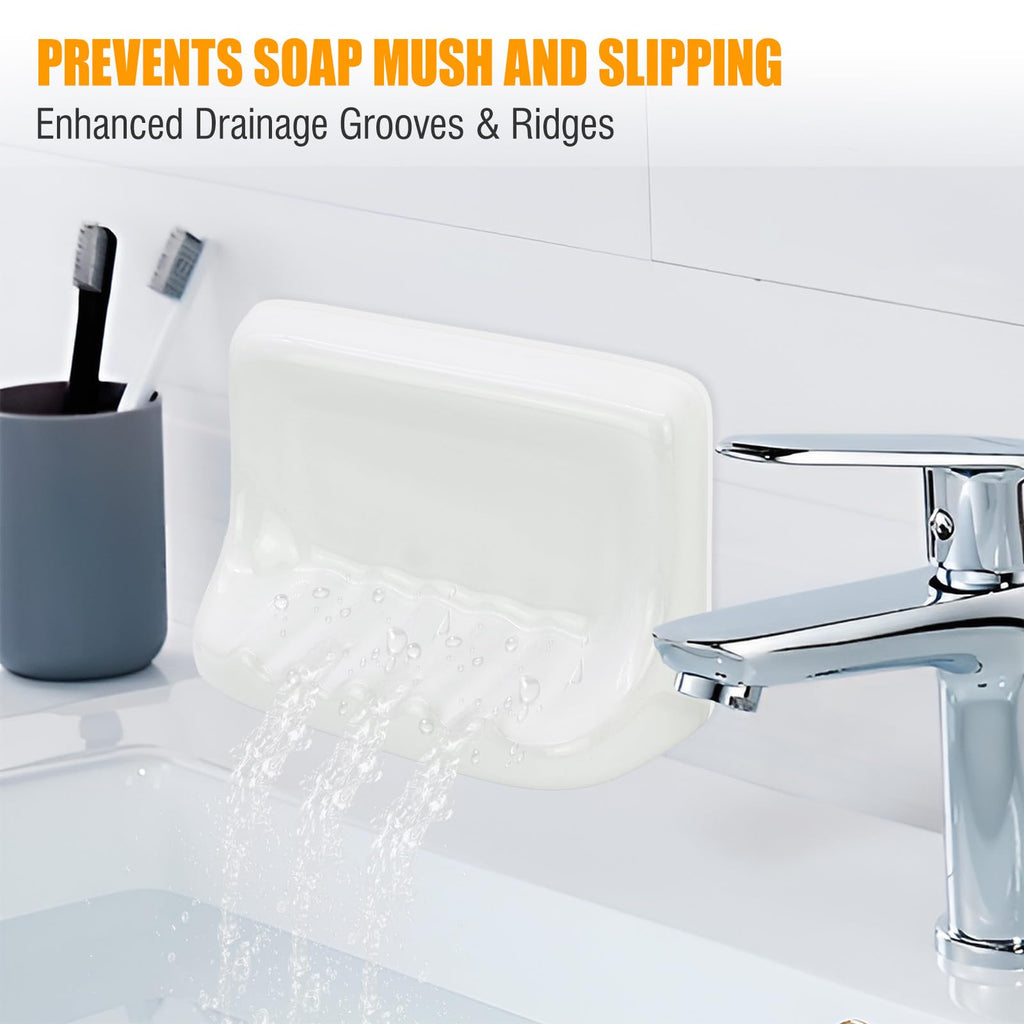 Shower Wall Soap Holder & Ceramic Soap Dish - Fits 4x4 Inch & Any Tile Walls, Heavy-Duty Flat-Back Design with Drainage Slope, No-Slip, Classic White