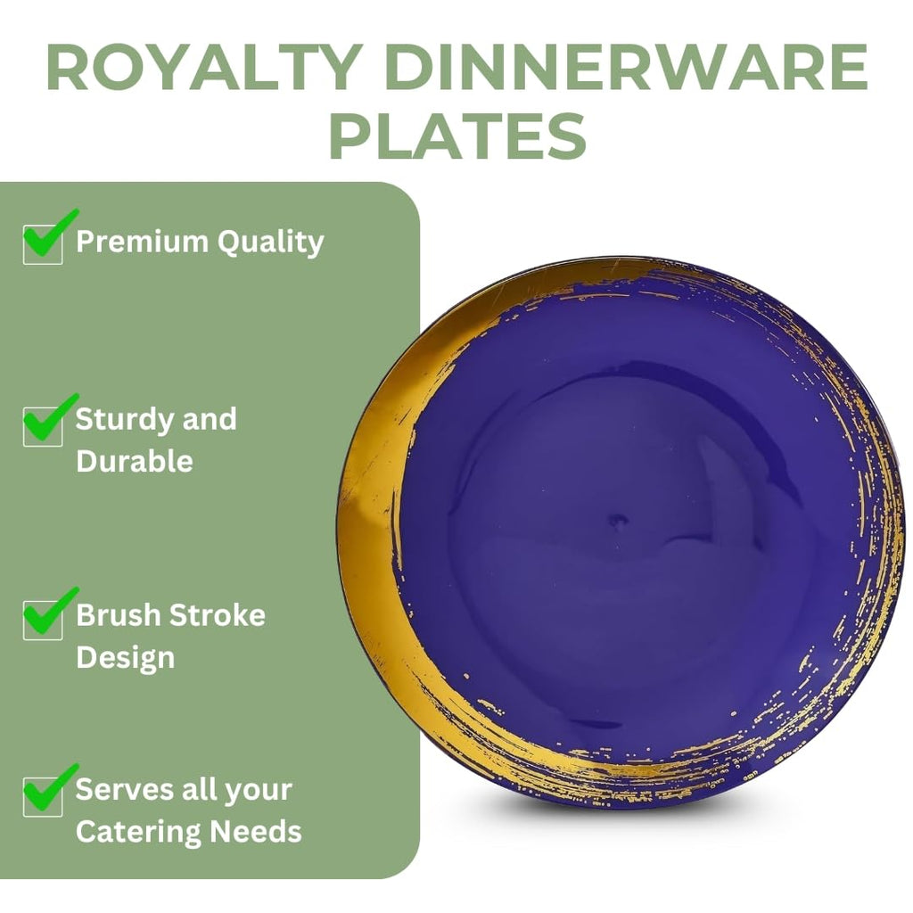 Silver Spoons Elegant Blue Disposable Plastic Dinner Plates with Brushed Gold Rim - 10.25" (Pack of 10) - Ideal for Weddings, Parties & Special Occasion