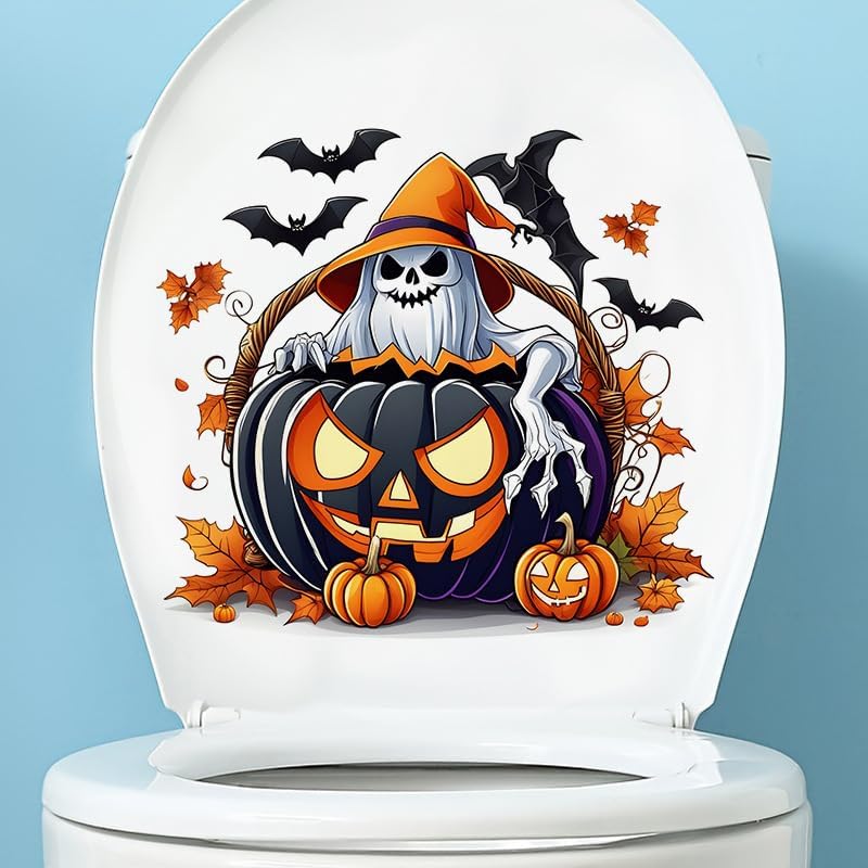 Halloween Ghost Pumpkin Toilet Seat Sticker Decal - Waterproof & Self-Adhesive