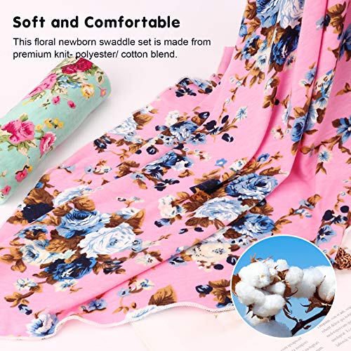 DRESHOW Newborn Floral Swaddle Blanket and Bow Hat Set - Classic Pink