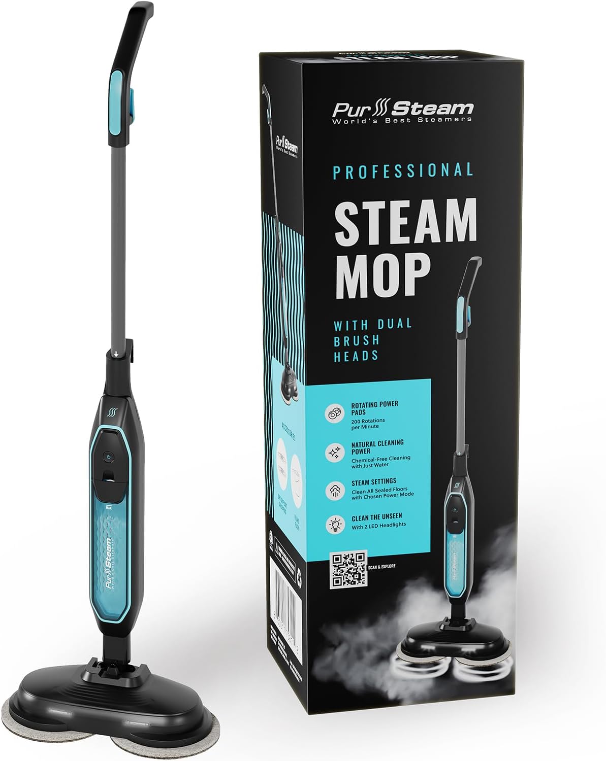 Pursteam | ScrubMaster Steam Mop - Dual Scrubbing Head, LED Lights & Adjustable Steam Control
