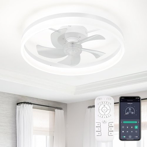 FTZVRD Ceiling Fans with Lights and Remote, 20 Inch Flush Mount Low Noise Fan, Reversible DC Motor, 3-Color Dimmable LED Fan for Bedroom, Dining Room, Kitchen, Kids Room, Home Office