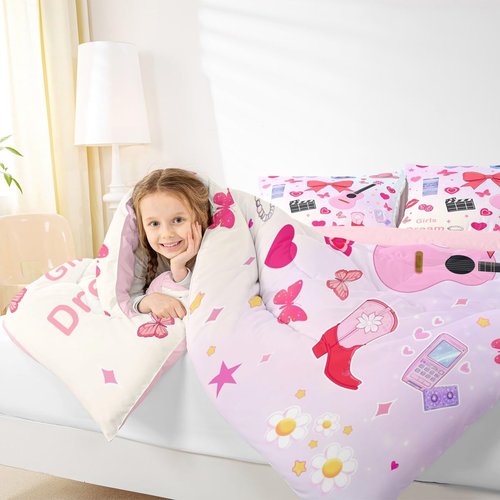 Erosebridal Music Themed Full Bedding Set,Guitar Singer Vinyl Record Comforter Set for Girls Kids,Pink Disco Ball Quilt Bed Set Red Bow Butterfly Bedding Comforter Sets,2 Pillowcases Room Decor