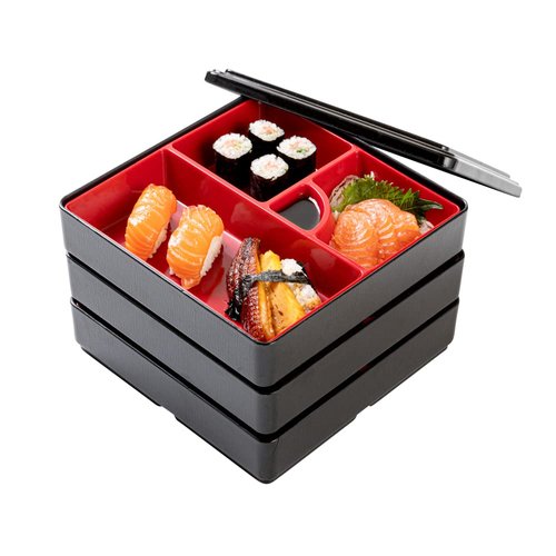 Restaurantware-8.3 x 5.9 Inch 5-Compartment Lunch Container, 1 Japanese Style Adult Lunch Container - 3 Stackable Layers, Black & Red Plastic Divided Meal Box, Greaseproof, Hot & Cold Food