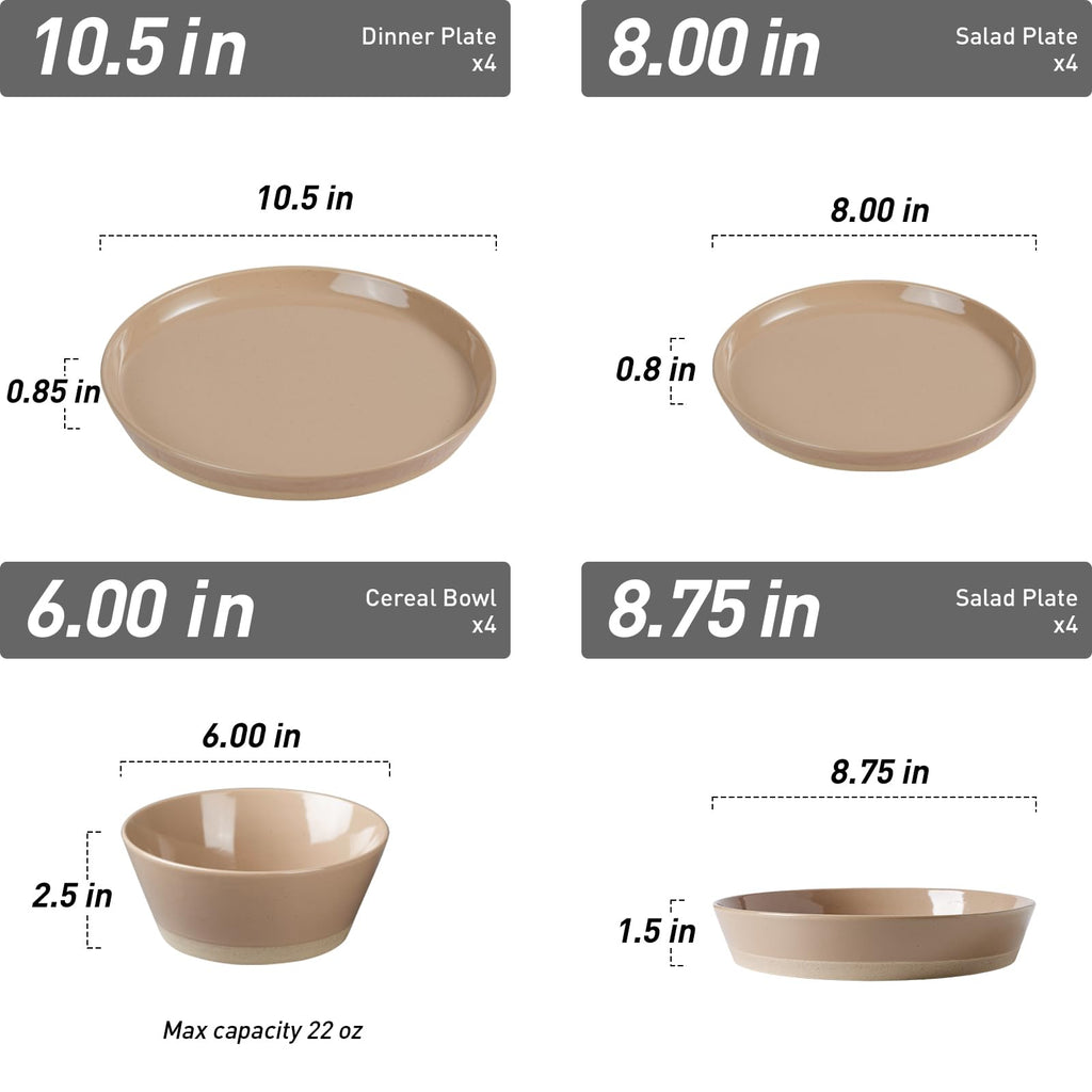 Famiware Saturn 16 Pieces Plates and Double Bowls Sets for 4, Stoneware Dinnerware Set with Pasta Bowl, Dish Set with Trim - Chip & Scratch Resistant, Microwave & Dishwasher Safe, Cinnamon Brown
