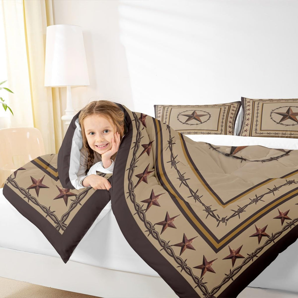 Western Texas Star Kids Comforter Set Queen Size,Cowboy Rustic Farmhouse Bedding Set,Boys Girls Adults Bedroom Decor,Geometric Plaids Patchwork Down Comforter,Brown Retro Duvet Insert,2 Pillowcases