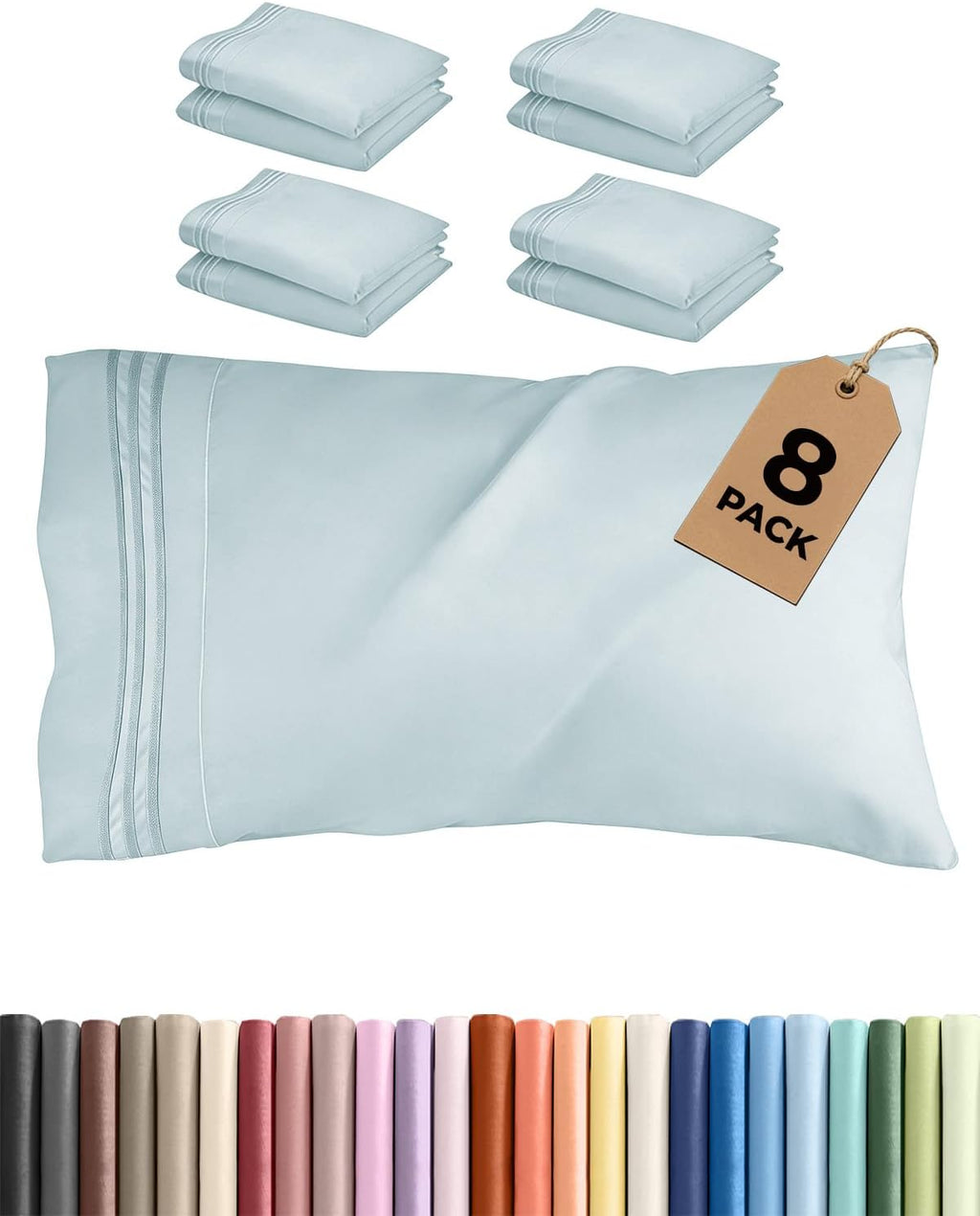 Queen Pillow Cases by [Brand Name] - Ultra Soft Hotel Quality Covers | Wrinkle-Free & Fade Resistant - 8 Piece Set in Ice Blue