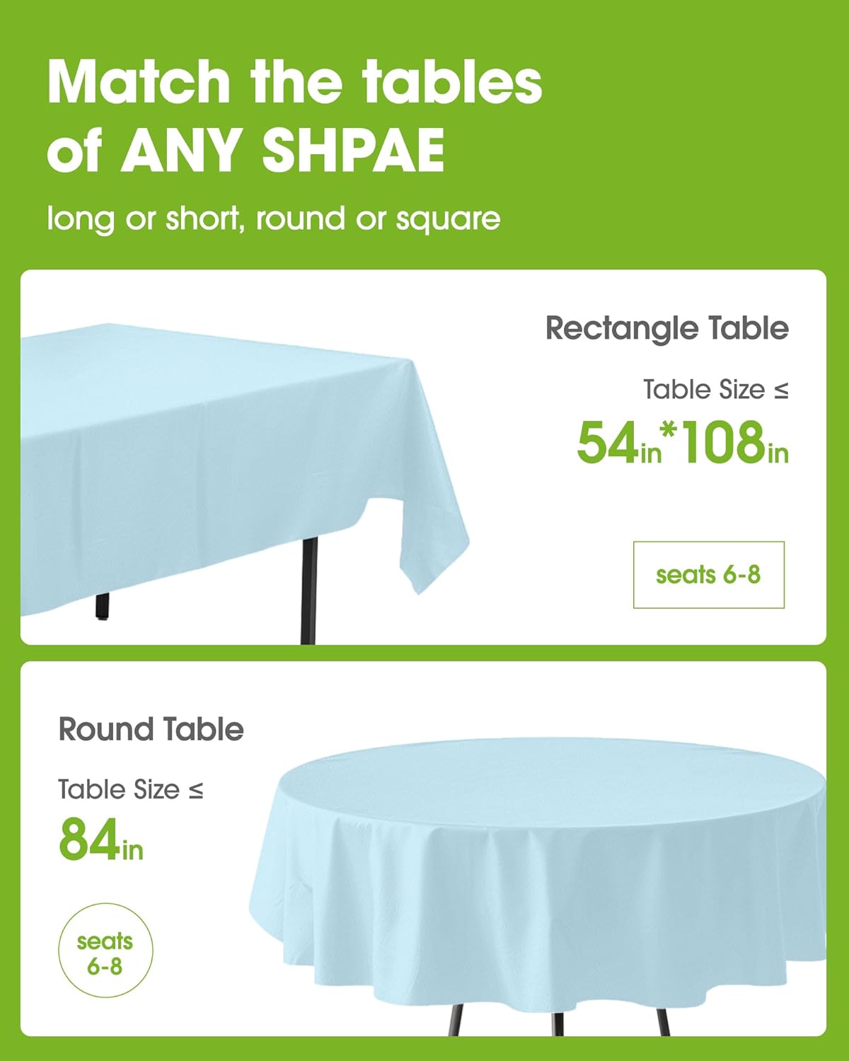 Pureegg Disposable Plastic Tablecloths - 8 Pack, 54 x 108 Inch, Leakproof Baby Blue for Easter & Weddings