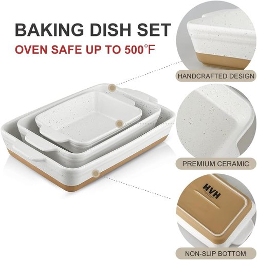HVH Baking Dish Set - Large 9x13 Ceramic Casserole Dish | Deep Lasagne Pan, Farmhouse Style (White)