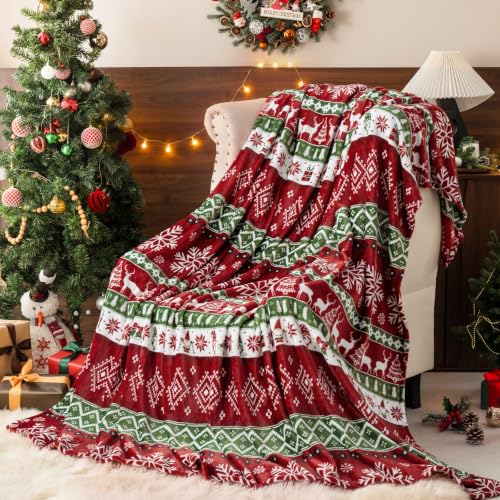 Christmas Cozy Fleece Blanket Queen Size Retro Holiday Pattern