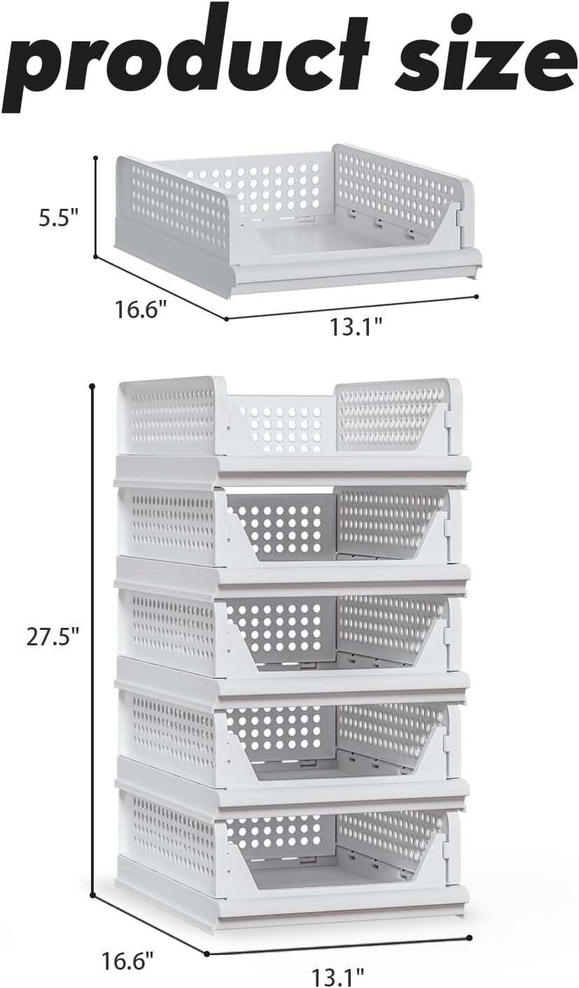 Proarea Stackable Storage Bins - 5 Pack Foldable Closet Organizers for Clothes | White Plastic Drawer Baskets