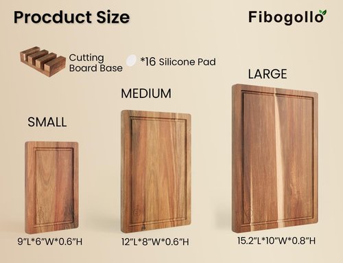Fibogollo Acacia Wood Cutting Boards Set of 3 - Juice Groove Chopping Boards with Holder for Meat & Veggies