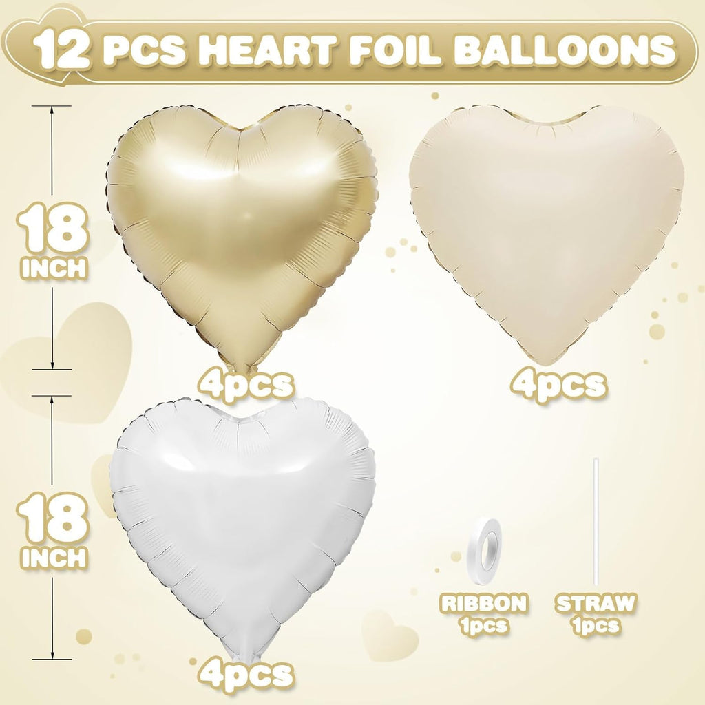 Skiennix Heart Balloons - 12Pcs Cream White & Gold Foil - 18Inch Helium Balloons for Baby Showers & Weddings