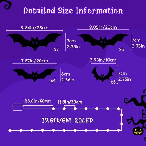 Kelumi Halloween Bats Fairy Lights Wall Decor, 20 Packs Lighted Bats Stickers with Timer Halloween Party Wall Window Indoor Home Decorations