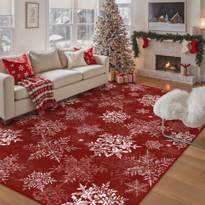 Christmas Area Rug 5x7 Red Snowflakes Non-Slip Festive Carpet for Living Room