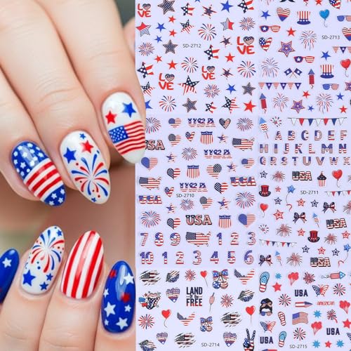 4th of July 5D Embossed Nail Stickers - 6 Sheets Patriotic Stars & Fireworks