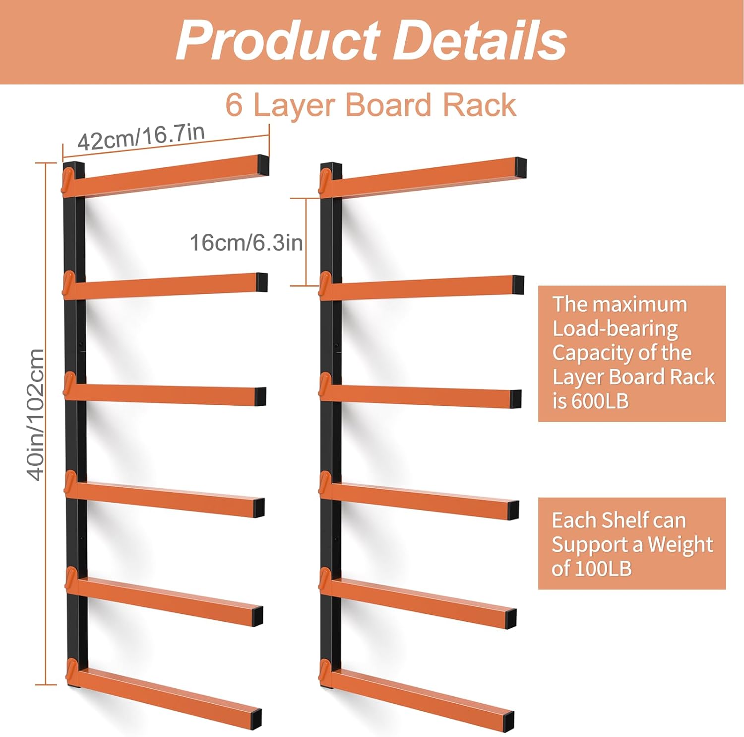 Nandae Heavy-Duty Wall Mount Lumber Storage Rack - 6 Levels for Workshop & Garage | Orange, 2 Pack