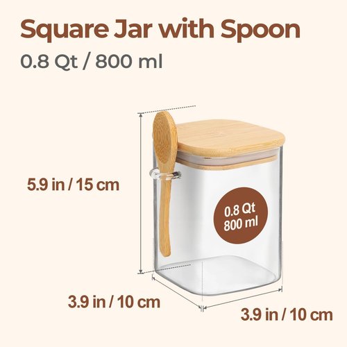 ComSaf Glass Jars Set of 4 - 0.8 Qt Square Containers with Bamboo Lids & Spoons for Pantry Storage