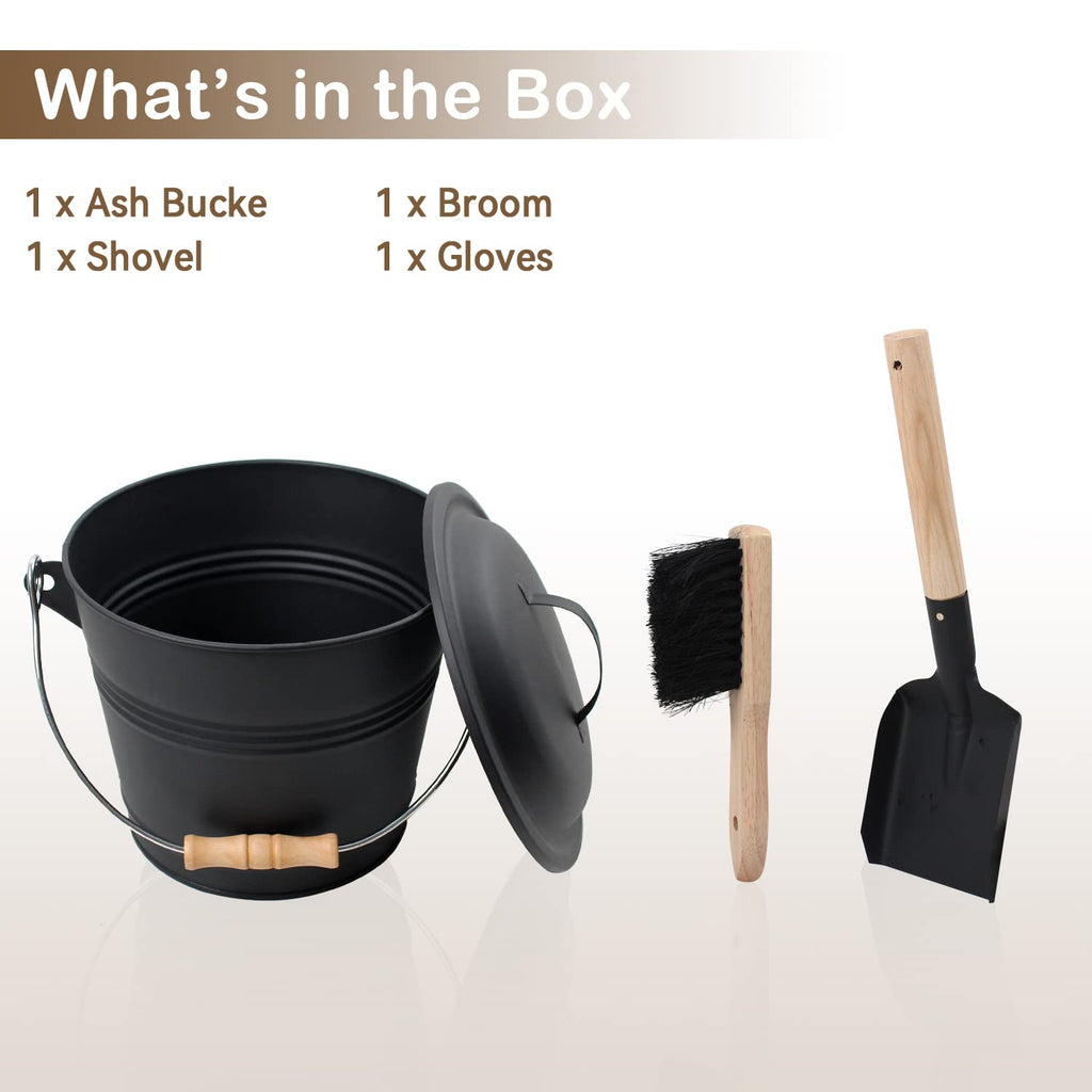Poofzy Ash Bucket with Lid, Small Fireplace Ash Bucket with Lid and Shovel, 1.3 Gallon Metal Bucket for Fireplace with Hand Broom and Gloves, Fireplace Bucket for Ashes for Wood Stove and Fire Pit