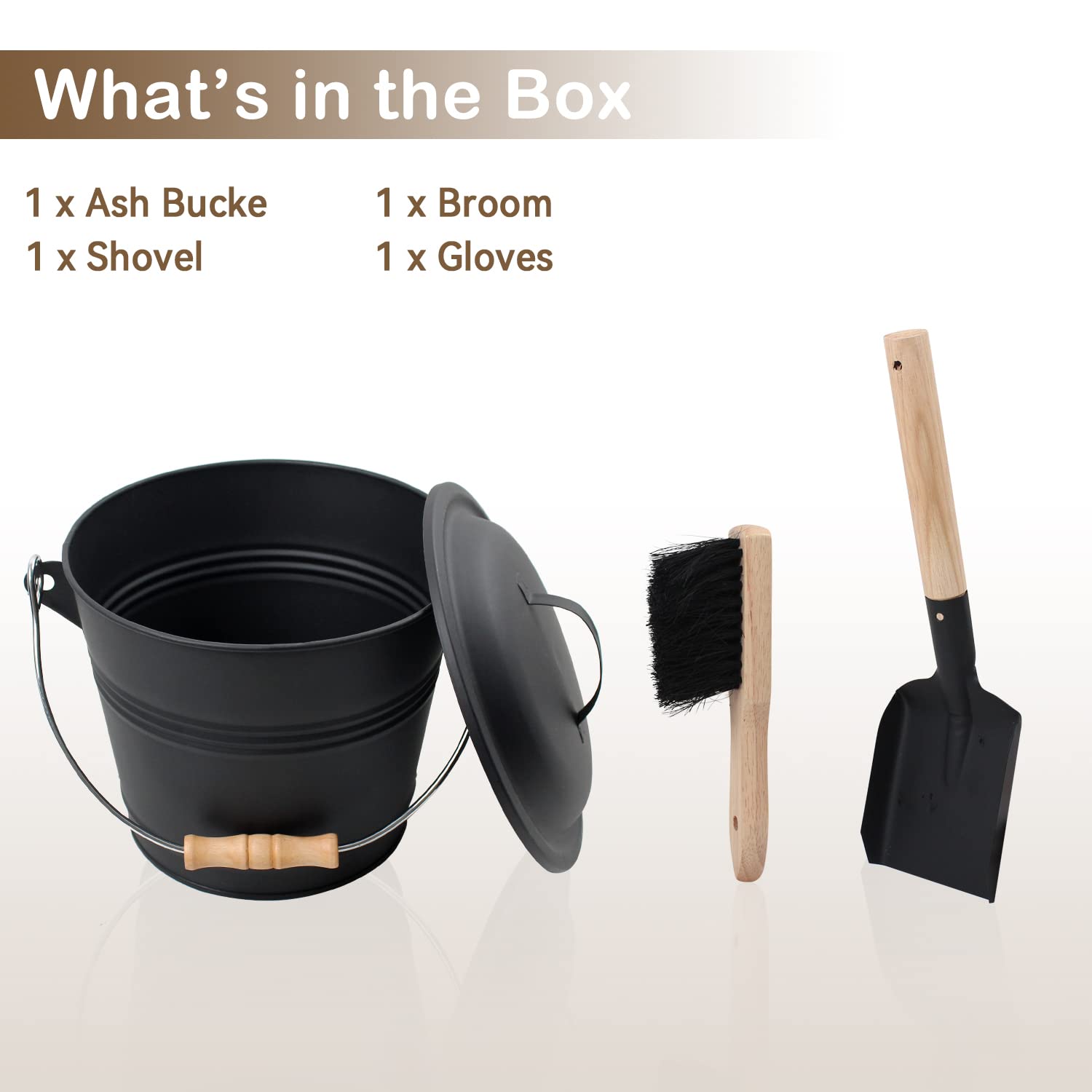 Poofzy Ash Bucket with Lid, Small Fireplace Ash Bucket with Lid and Shovel, 1.3 Gallon Metal Bucket for Fireplace with Hand Broom and Gloves, Fireplace Bucket for Ashes for Wood Stove and Fire Pit