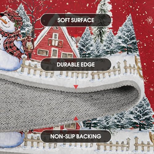 Red Snowman House Pine Tree Christmas Area Rug 2x6 ft - Non-Slip Washable Home Decor