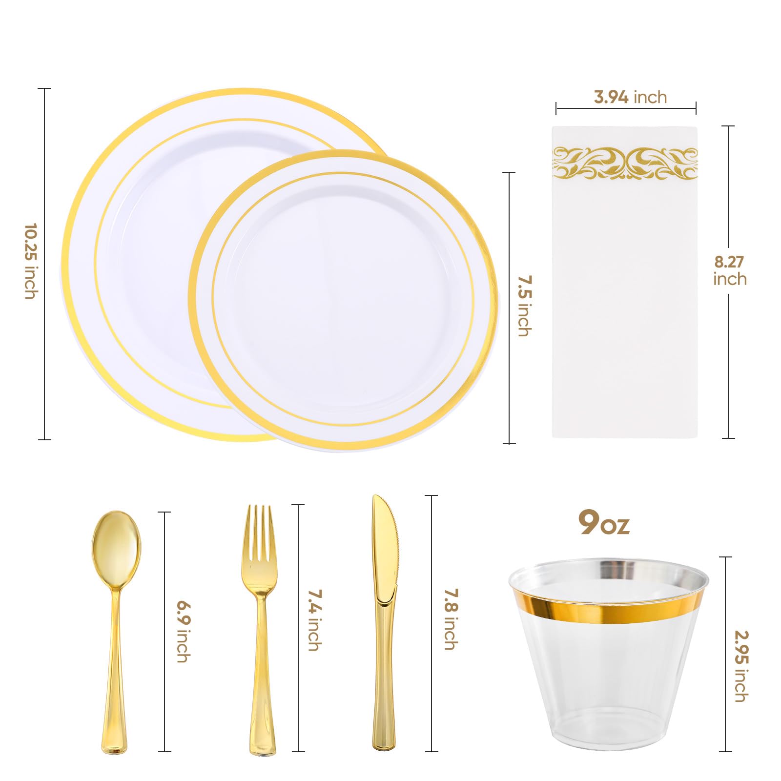 VajilaPhil 350-Piece Gold Rim Plastic Dinnerware Set for 50 Guests, Elegant Disposable Dinnerware for Party, Wedding. Includes Dinner Plates, Dessert Plates, Gold Silverware, Napkins, Cups