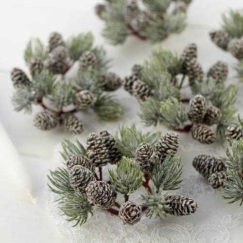 Artificial Pine & Pinecone Candle Rings - Set of 6 Faux Snowy Pine Decor for Holiday Tables