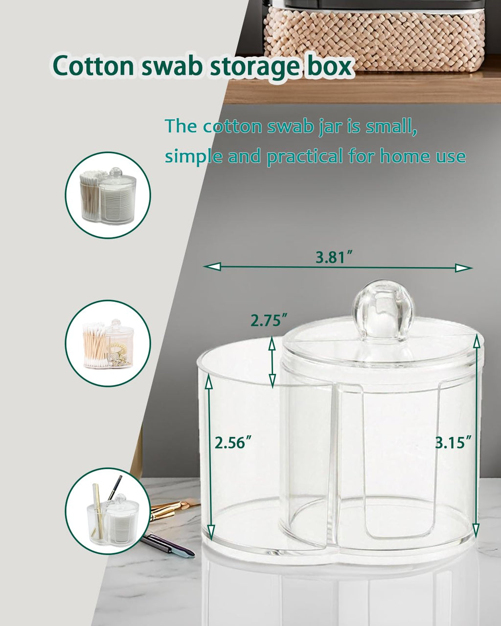 AkoSlale Clear Plastic 2-in-1 Cotton Swab Dispenser & Makeup Pad Holder - Shatterproof Bathroom Vanity Organizer Apothecary Jars for Cotton Rounds, Balls, Floss Picks, Hair Ties & Beauty Sponges