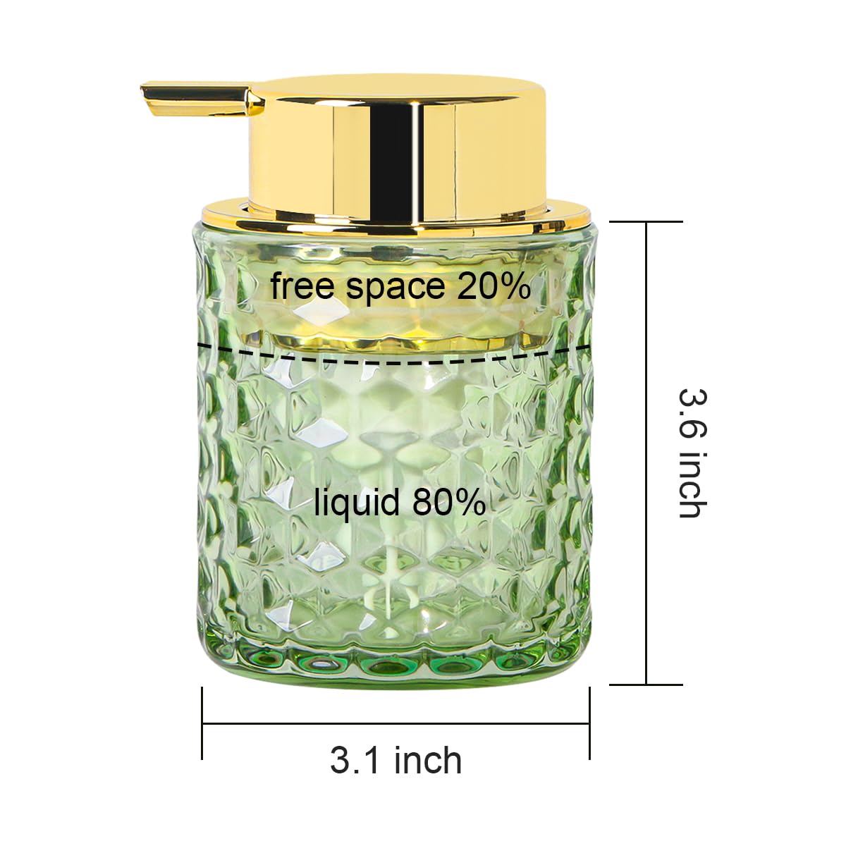Fvstar 10 Oz Glass Hand Soap Dispenser with Pump, Refillable Bathroom Gold Foaming Soap Dispenser, Vintage Glass Diamond Lotion Container Bottle for Bathroom and Kitchen (1, Green and Gold)