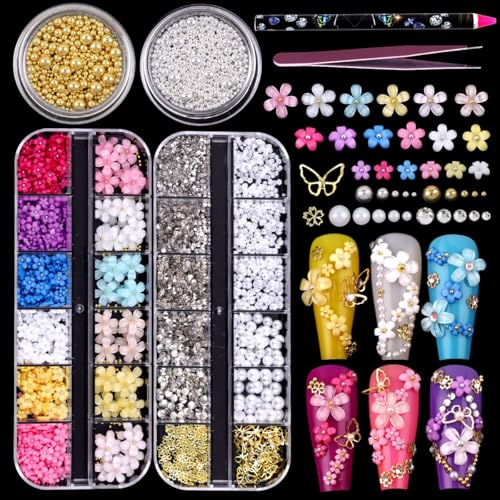 Cublive 3D Nail Charms Set with Butterflies, Pearls & AB Rhinestones
