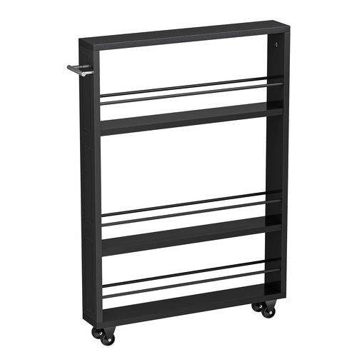 KLM Rolling Storage Cart 4-Tier Black Kitchen Cart with Wheels, Slim Storage Cart with Handle Slide Out Utility Cart Shelving Unit Organizer Trolley for Laundry Narrow Places Bathroom Small Corner