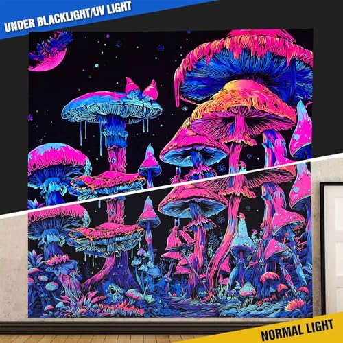 UV Reactive Blacklight Mushroom Tapestry 47" x 35" - Glow in the Dark Forest Wall Hanging