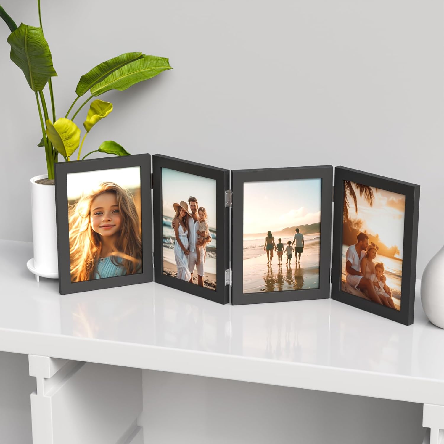 WARM&LOVE 4x6 Rustic Wood Photo Frame - Four Folding Hinged Collage Stand for Family Memories | Black